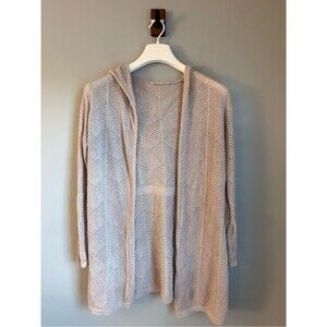 Cyrus Beige Open Knit Hooded Cardigan Sweater Medium Pointelle Longline